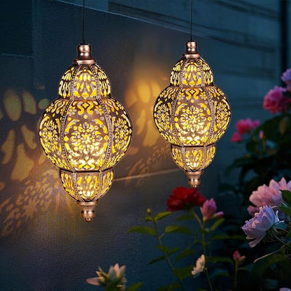 Hanging Solar Lanterns,Outdoor Garden Decor Solar Lantern Metal Moroccan Yard Art Gardening Decorative,Outside Hanging Lights Christmas Decorations for Gazebo Patio Chandelier Garden Gift