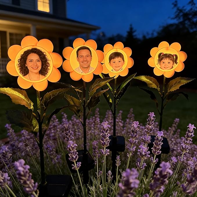 Customizable 4 Pack Bobble Face Wind Spinners Sunflower Fairy Light Pinwheels Solar Light Outdoor - Garden Decor, Waterproof Auto-On/Off Pathway, Lawn, Yard Stake Light Windmill
