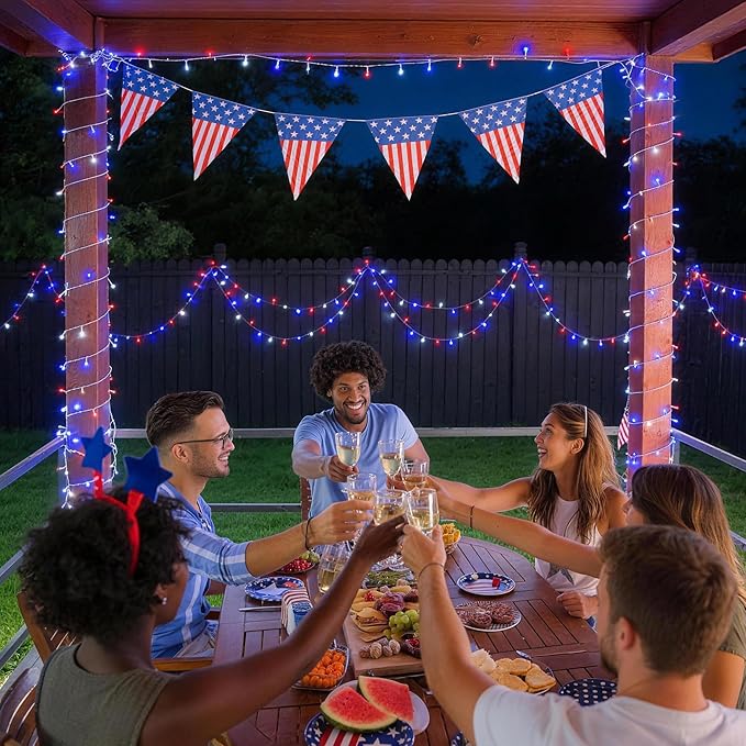 JMEXSUSS 33ft 100 LED Red White and Blue Lights Outdoor, 4th of July Lights Battery Operated with Remote, 8 Modes Patriotic Decorations for Indoor Outside Independence Day American Flag Holiday
