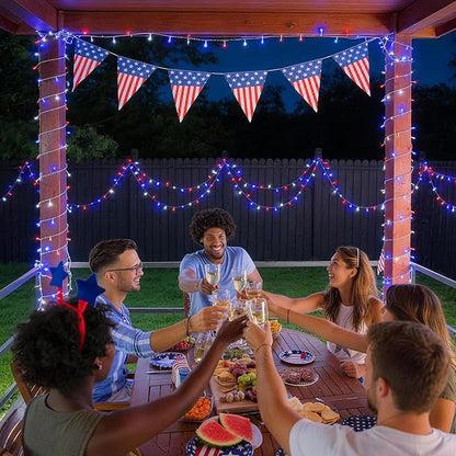 JMEXSUSS 33ft 100 LED Red White and Blue Lights Outdoor, 4th of July Lights Battery Operated with Remote, 8 Modes Patriotic Decorations for Indoor Outside Independence Day American Flag Holiday