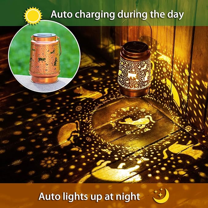 Cat Solar Lanterns Outdoor Waterproof Hanging Solar Lights Cat Gifts for Women Men Metal Decorative LED Cat Lanterns for Garden Decor,Yard,Patio,Lawn,Pathway,Landscape