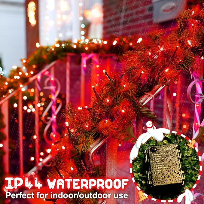 Red Christmas Lights Outdoor Battery Operated String Lights Total 100LED 33Ft with Timer 8 Modes 16.4Ft*2 Waterproof Outdoor Indoor for Christmas Decor, Red, 2-Pack