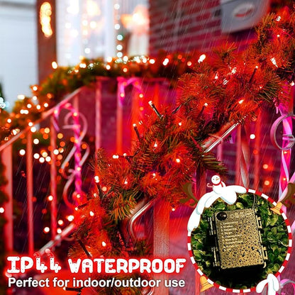 Red Christmas Lights Outdoor Battery Operated String Lights Total 100LED 33Ft with Timer 8 Modes 16.4Ft*2 Waterproof Outdoor Indoor for Christmas Decor, Red, 2-Pack