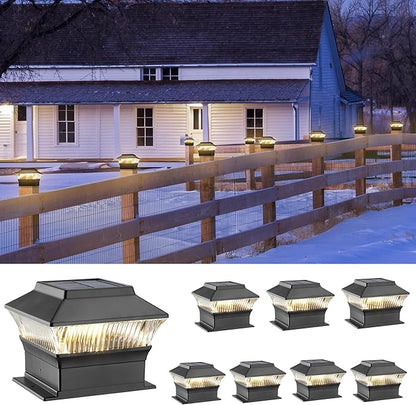 Fence Post Lights, 25 Lumens Deck Post Cap Light Solar Powered Outdoor Lighting, Fits for 4x4 or Larger Wooden Posts with 4x6 Base, 3000K Warm Light, Waterproof, Black - 8 Pack