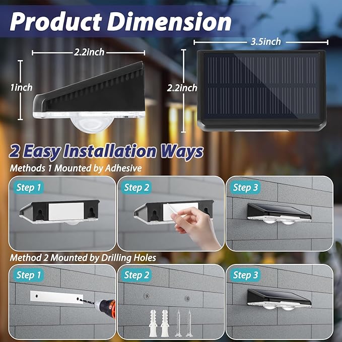 Solar Lights Outdoor 16-Pack, Waterproof Fence Lights Solar Powered with 3 Modes (3000K/4500K/6500K) for Outside, Backyard, Deck, Step, Stairs, Balcony, Yard, Patio, Walkway, Pathway, Railing