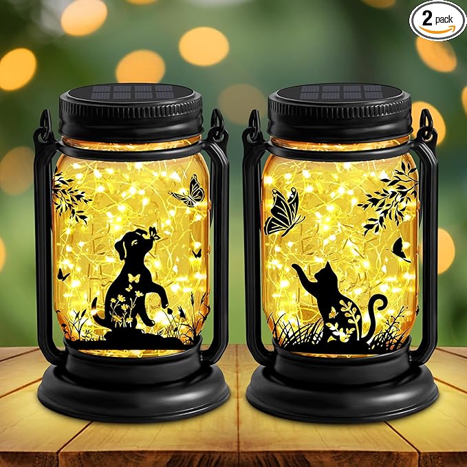 2 Pack Cat Solar Lanterns Outdoor, Cat & Dog Butterfly Vintage Glass Mason Jar, Birthday Mothers Day Gifts for Mom, Grandma, Women, Waterproof Garden Lights for Patio Yard Lawn Tree Decor