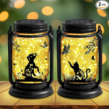 2 Pack Cat Solar Lanterns Outdoor, Cat & Dog Butterfly Vintage Glass Mason Jar, Birthday Mothers Day Gifts for Mom, Grandma, Women, Waterproof Garden Lights for Patio Yard Lawn Tree Decor