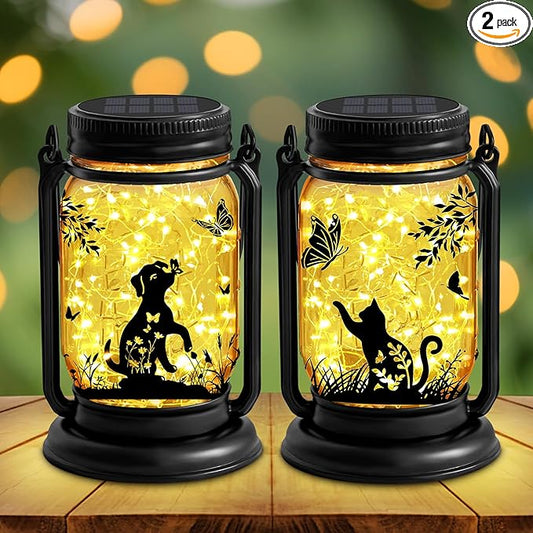 2 Pack Cat Solar Lanterns Outdoor, Cat & Dog Butterfly Vintage Glass Mason Jar, Birthday Mothers Day Gifts for Mom, Grandma, Women, Waterproof Garden Lights for Patio Yard Lawn Tree Decor