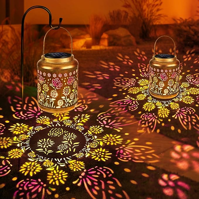Brizled Butterfly Solar Lantern Lights with Colorful Projection, Christmas Birthday Gifts for Women Mom Grandma, Multicolor Hanging Lights Outdoor Waterproof, Solar Lantern Lights for Garden Patio