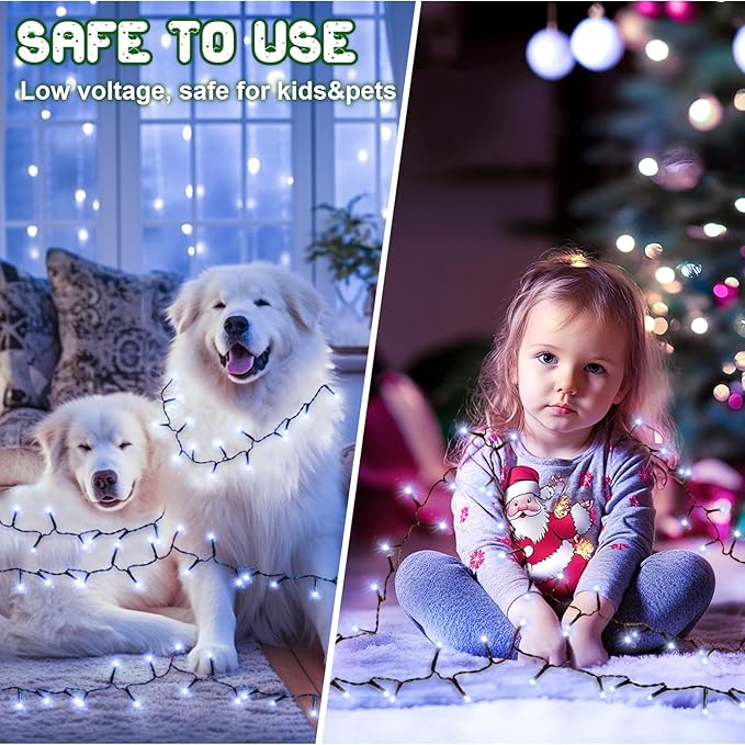 White Christmas Lights Outdoor Battery Operated String Lights Total 100LED 33Ft with Timer 8 Modes 16.4Ft*2 Waterproof Outdoor Indoor for Christmas Decor, Cold White, 2-Pack