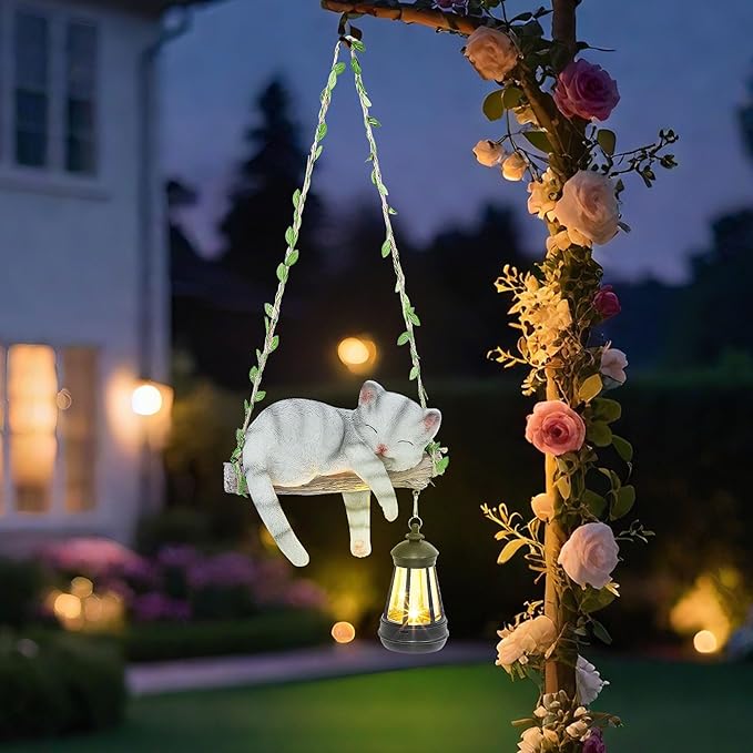 Solar Lighted Garden Outdoor Statue, 22.6" H Hanging Swing Lying with A Sleeping Cat and A LED Lantern, Resin Animal Figurine Hanging Ornaments with Hook for Decoration & Gift