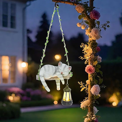 Solar Lighted Garden Outdoor Statue, 22.6" H Hanging Swing Lying with A Sleeping Cat and A LED Lantern, Resin Animal Figurine Hanging Ornaments with Hook for Decoration & Gift