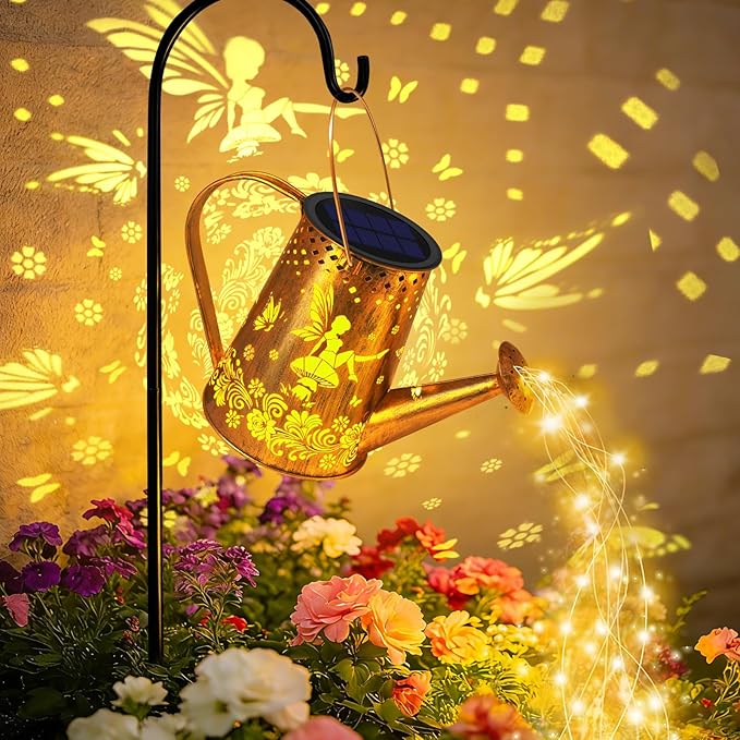 YJFWAL Solar Watering can with Lights, Unique Gifts for Mom Grandma Women Birthday, Waterproof Gardening Gifts Watering Can with Cascading Lights Outdoor Decor for Garden Patio Yard Pathway Backyard