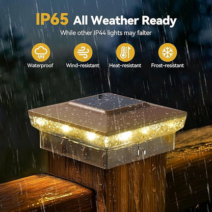 Solar Post Cap Lights, 16-Pack Upgraded Outdoor Deck Fence Post Solar Lights for 4x4 5x5 Wood/Vinyl Posts, IP65 Waterproof, 10-12 Hours Warm/Cool White Glow for Garden/Patio/Porch - Brown
