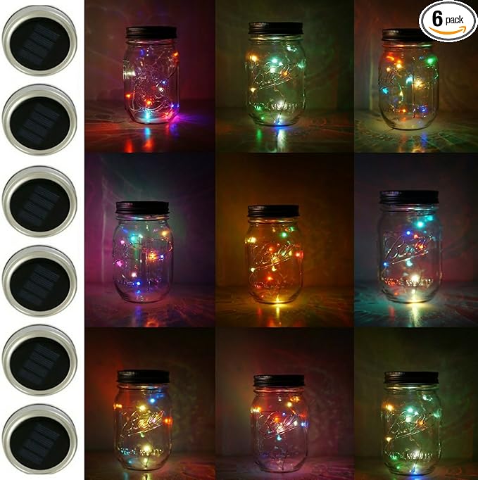 6 Pack Mason Jar Lights, 10 LED Solar Colorful Flicker Fairy String Lights Lids Insert for Garden Deck Patio Party Wedding Decorative Lighting Fit for Regular Mouth Jars …