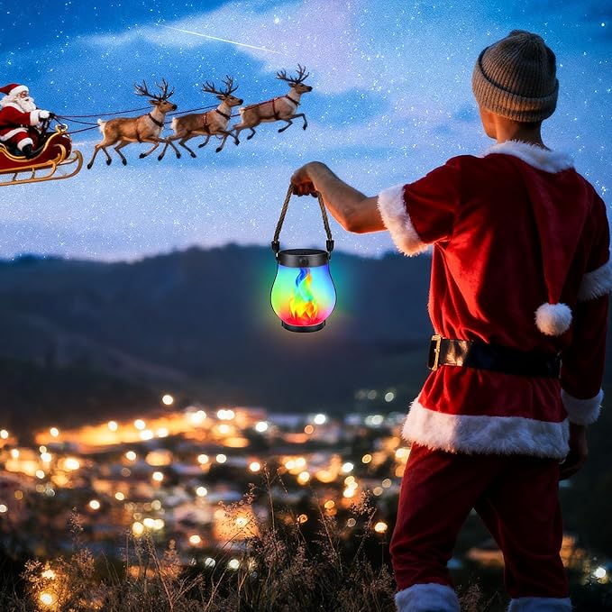Christmas Solar Flame Lantern Hanging Outdoor Waterproof - Dancing Flame Lanterns with Dual Charging Modes of Solar & USB for Garden or Yard Decorations (Multicolor - 1 Pack)