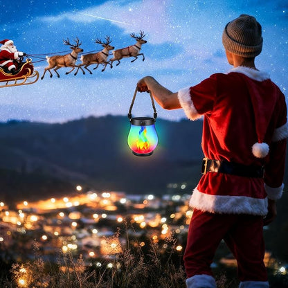 Christmas Solar Flame Lantern Hanging Outdoor Waterproof - Dancing Flame Lanterns with Dual Charging Modes of Solar & USB for Garden or Yard Decorations (Multicolor - 1 Pack)