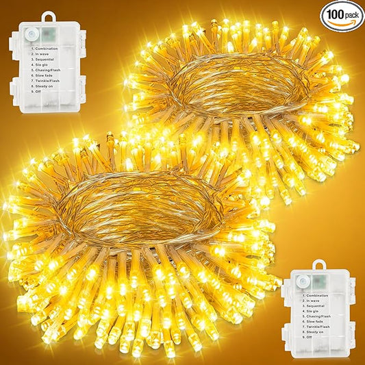 2 Pack Christmas String Lights Battery Operated with 8 Modes, 66FT 200 LED Fairy Lights with Timer, Waterproof Twinkle Lights for Indoor and Outdoor Christmas Decorations(Warm White)