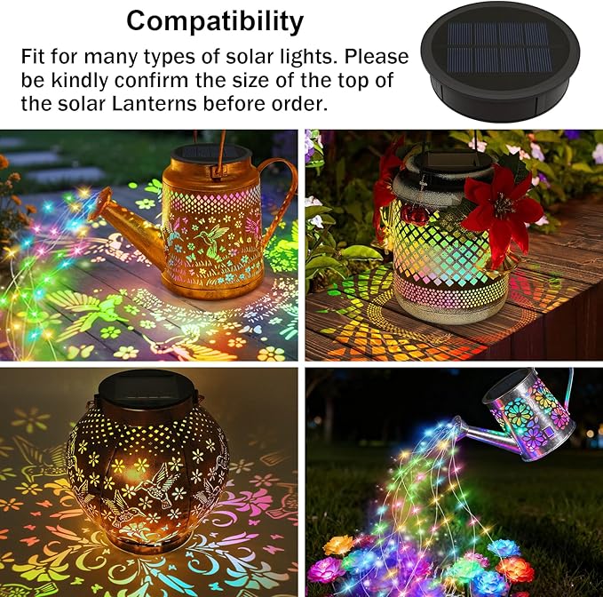 VOOKRY Watering Can Solar Lights Replacement Top - 1 Pack 3.6in Round Solar Panel with 3.5Ft 80 LED Flashing String Lights, Outdoor Waterproof Lantern Decorative Replacement Accessories(Multicolor)