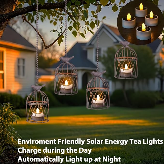 Solar Lanterns Outdoor Waterproof, Rust Iron Cage Candle Holder with Flickering Solar Powered Tea Lights, Hanging Solar Lights for Outside Tree Backyard Patio Garden Fence Decoration-4Pack
