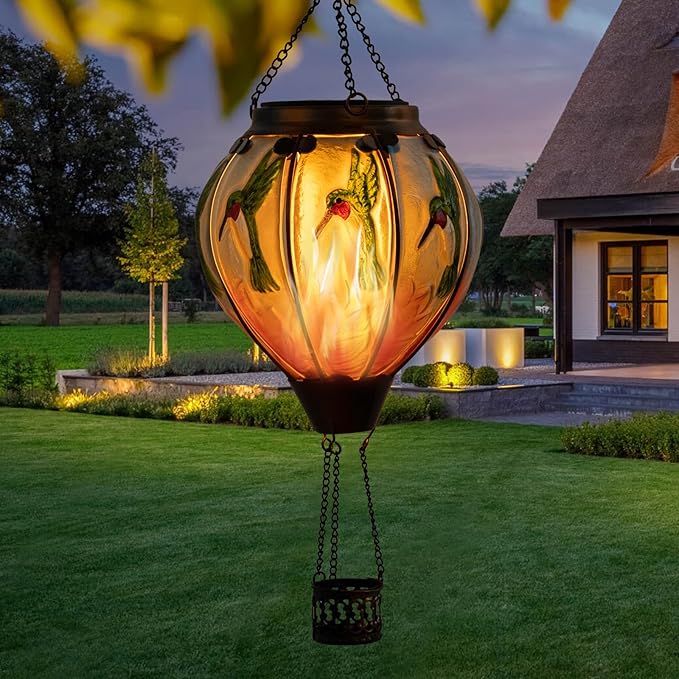 Larekook Hummingbird Hot Air Balloon Solar Lantern Outdoor Waterproof,Glass Garden Decor,Solar Hot Air Balloon Lantern with Flame Flickering Light for Yard Patio Lawn,Hummingbird Gifts for Women Mom