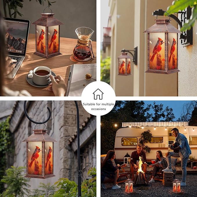 Solar Lanterns Outdoor, Waterproof Cardinal Garden Hanging Lanterns with LED Flickering Flameless Candles, Lantern Decor Christmas Gifts for Women Mom Grandma