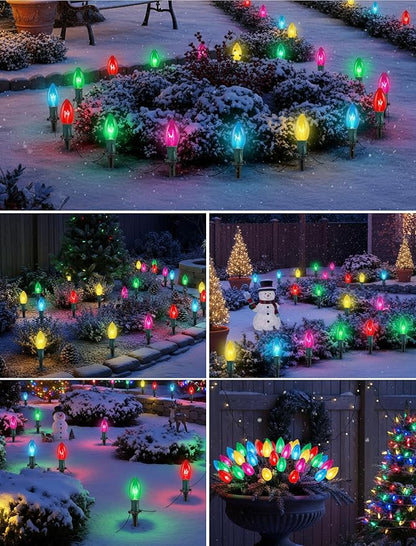 C9 Multicolor Christmas Pathway Lights,38FT 25 Pcs Multicolored Extendable Waterproof Christmas Walkway Lights with Multicolor Bulbs and Stakes for Outdoor Lawn Garden Sidewalk Xmas Decorations