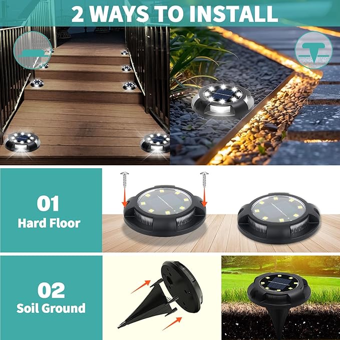 Solar Ground Lights, 8 Pack 12 LED Solar Disk Lights Outdoor Waterproof In-Ground Landscape Lighting for Garden Pathway Yard Lawn Patio Deck Driveway Walkway Outside Decor (Cold White)