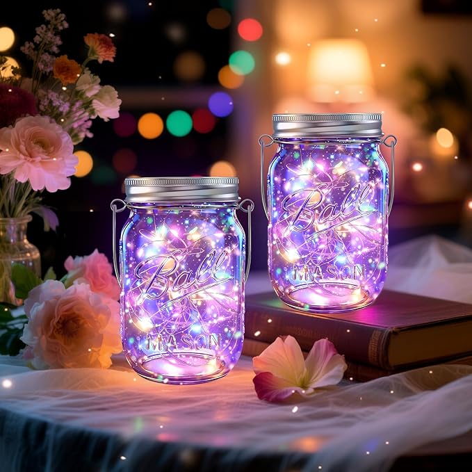 ZNYCYE Solar Mason Jar Lights, 12 Pack 30 LED Firefly Fairy String Lights, Waterproof Outdoor Solar Mason Jar Lid Lights with Hangers(NO Jars) for Patio Garden Yard Wedding Decoration - Multicolor