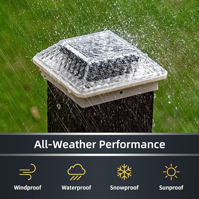 Glass Solar Post Cap Lights with Crystal Style - Decorative Deck Fence Lights for 4x4 5x5 Posts Hidden Solar Panel, Modular Design, 10Hr Runtime, IP65, Warm White, White, 2 Pack