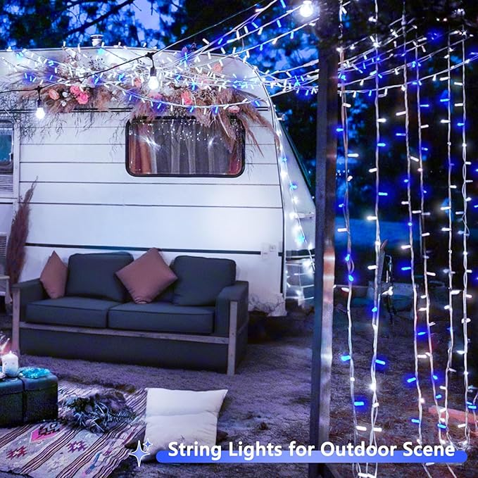2 Pack Christmas String Lights Battery Operated with Timer, 66FT 200 LED Waterproof Battery Twinkle Lights, 8 Modes Fairy Light for Indoor & Outdoor Party Bedroom Christmas Decorations (Blue & White)