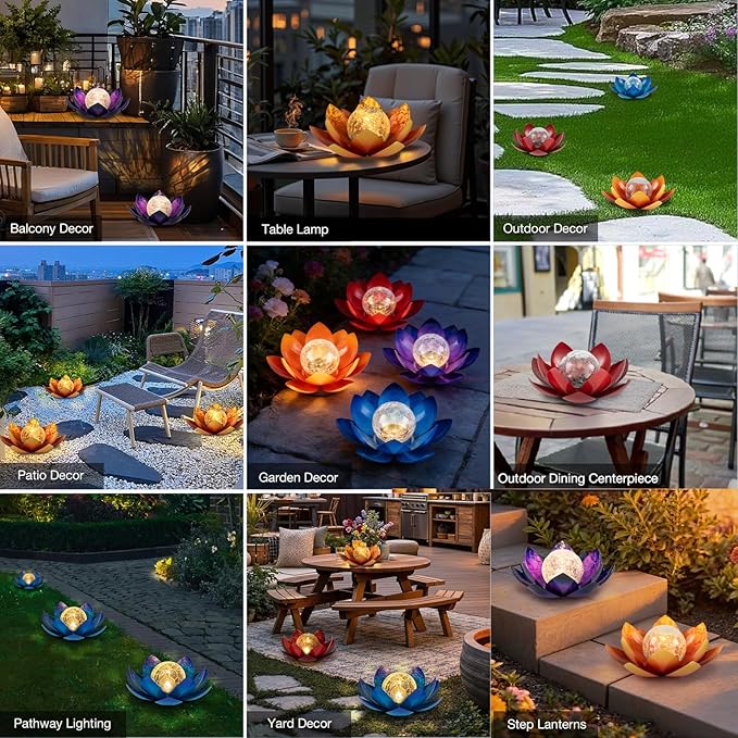 Huaxu Solar Lights Outdoor Garden Decoration Crackle Globe Glass Waterproof LED Metal Blue Lotus Flowers Gift for Mom,Women,Patio,Lawn,Walkway,Tabletop,Ground