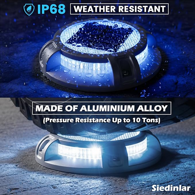 SIEDiNLAR Solar Driveway Lights Outdoor 4 Modes 40 LEDs Marine Dock Light Deck Driveway Markers Waterproof for Step Ground Walkway Pathway Yard Garden, Blue/White Dynamic Lighting (4 Pack)
