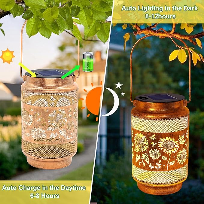 Sunflower Solar Lanterns Outdoor Waterproof with Shepherd Hook, Sunflower Birthday Gifts for Women Mom Grandma, Metal Solar Hanging Lights Garden Decor for Outside Yard Patio Pathway