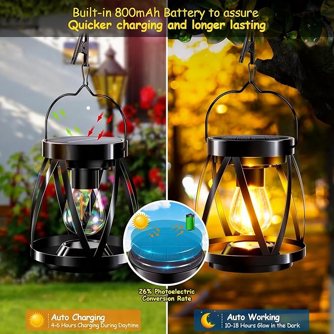 GARPAR Solar Lanterns Lights Outdoor Waterproof, 4 Pack Upgraded Metal Outdoor Lantern, Brighter Auto On/Off 18H Hanging Solar Lights for Outside Garden Yard Patio Porch Decor, Gift for Mom