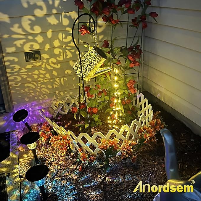 Anordsem Solar Garden Lights Decorative - Metal Watering Can with Cascading and Hook - Waterproof Hanging Lantern Outdoor Yard Lawn Decor - Birthday Gardening Gifts for Mom Grandma