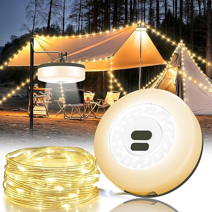 Camping String Lights, 4 in 1 Quick Storage Camping Essentials Gear 32.8FT Rechargeable Tent Lights with 6 Modes Hanging Waterproof LED Camp Lamp for Camping Hiking Patio Garden Festival-Warm White