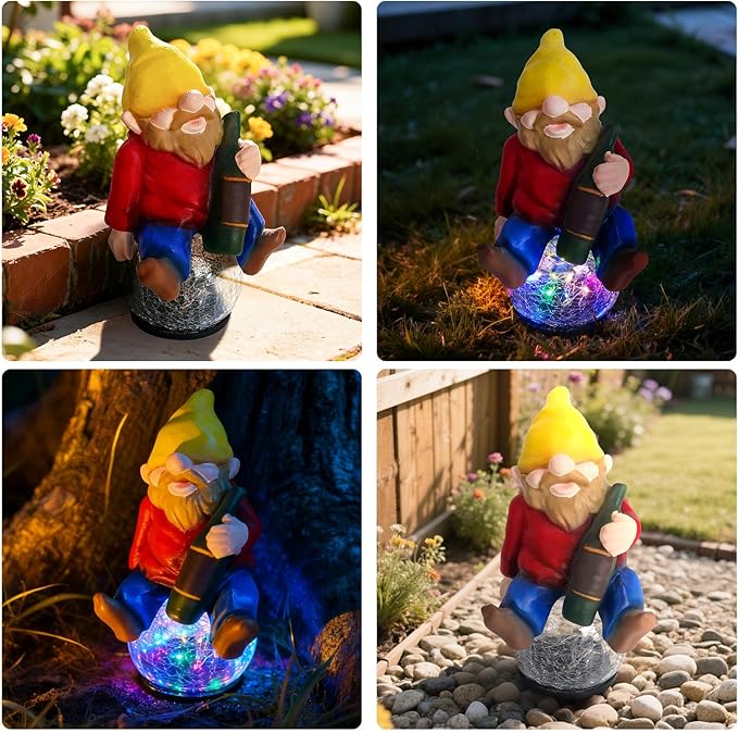 Drinking Gnome Solar Garden Statue - Funny Gnome Figurine with Colorful Crackle Ball LED Light - Perfect Novelty Patio Yard Decor and Gag Gifts - Funny Birthday Gifts for Grandma Mom Women