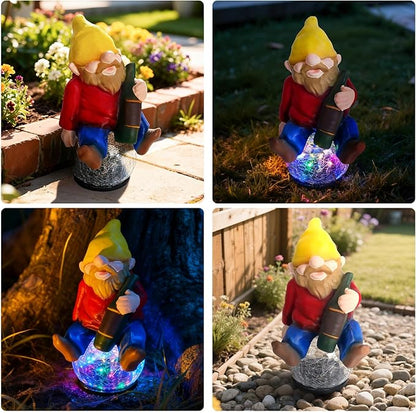 Drinking Gnome Solar Garden Statue - Funny Gnome Figurine with Colorful Crackle Ball LED Light - Perfect Novelty Patio Yard Decor and Gag Gifts - Funny Birthday Gifts for Grandma Mom Women