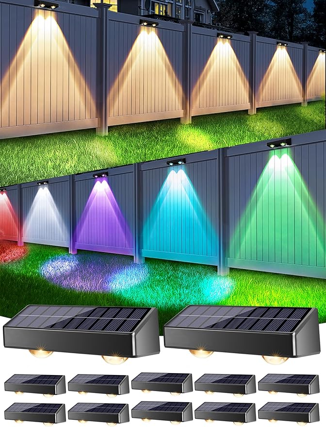 Brizled 12 Pack Solar Fence Lights, RGB + Warm White + Cool White Outdoor Solar Wall Lights, 11 Modes Color Changing Deck Light IP65 Waterproof Outdoor Lighting for Railing Wall Deck Fence Stair