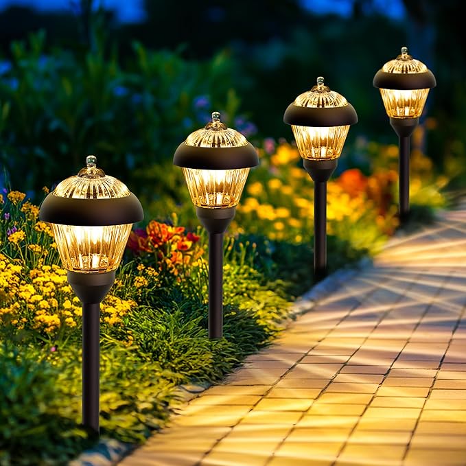 SOLPEX Solar Pathway Lights Outdoor Waterproof Solar Powered Pathway Lights - Glass & Metal Bronze Design with 2 Lighting Modes for Garden, Yard, Walkway, Driveway, Patio (4 Pack, Warm White)