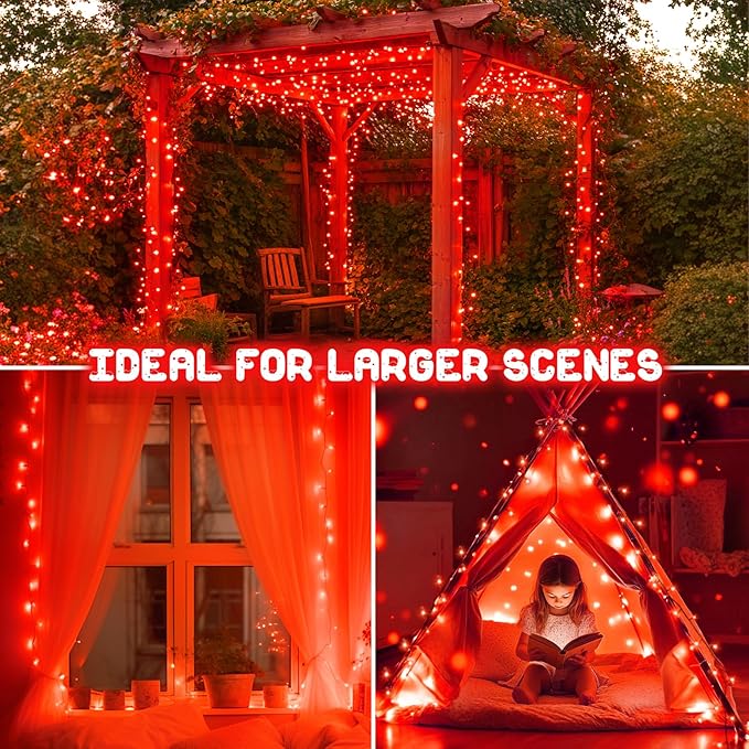 Red Christmas Lights Outdoor Battery Operated String Lights Total 100LED 33Ft with Timer 8 Modes 16.4Ft*2 Waterproof Outdoor Indoor for Christmas Decor, Red, 2-Pack