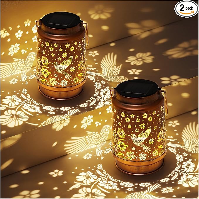 2-Pack Hummingbird Solar Lanterns, Waterproof LED Yard Lights