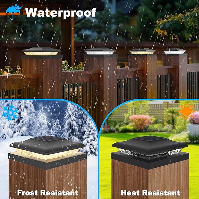 6 Pack Solar Post Cap Lights Outdoor, 2 Modes (Warm/White Light) Black Fence Post Solar Powered Lights Waterproof for 5x5, 5.5x5.5, 6x6 Wooden/Vinyl Posts Decorate Garden Deck Patio Porch
