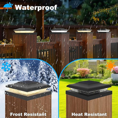 6 Pack Solar Post Cap Lights Outdoor, 2 Modes (Warm/White Light) Black Fence Post Solar Powered Lights Waterproof for 5x5, 5.5x5.5, 6x6 Wooden/Vinyl Posts Decorate Garden Deck Patio Porch