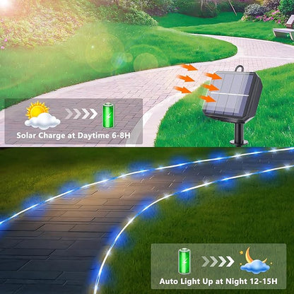 Solar Rope Lights, 66ft 200LED Solar String Lights, 8 Modes Waterproof Solar Powered Outdoor Light, Flexible Clear Tube Light for Garden Backyard Patio Deck Porch Pool Tree Christmas Decor -White&Blue