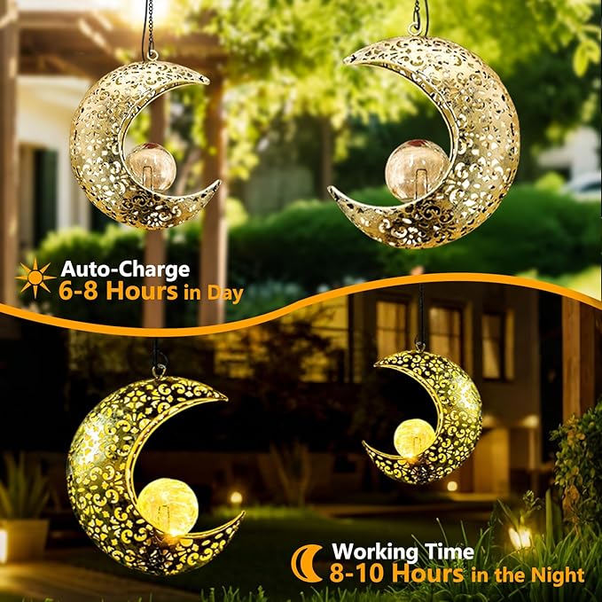 Solar Garden Hanging Moon Lights Outdoor Decor,2 Pack Metal Lanterns Art Decorations for Outside Yard Lawn Patio Wall Fences Driveway Trail,Unique Housewarming Gardening Gifts for Women Mom