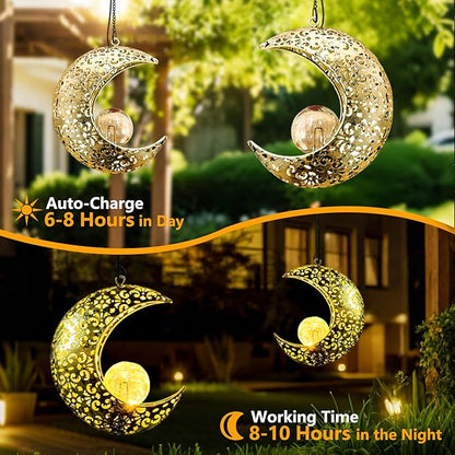 Solar Garden Hanging Moon Lights Outdoor Decor,2 Pack Metal Lanterns Art Decorations for Outside Yard Lawn Patio Wall Fences Driveway Trail,Unique Housewarming Gardening Gifts for Women Mom