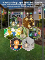 4-Pack 10ft Metal Light Poles for Backyard, Heavy-Duty