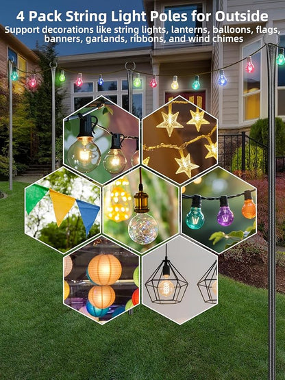 String Light Poles, 4 Pack 10ft Outdoor String Light Poles for Outside and Deck - Ideal for Patio, Garden, Yard, Front Porch Decorations, Frosted Silver